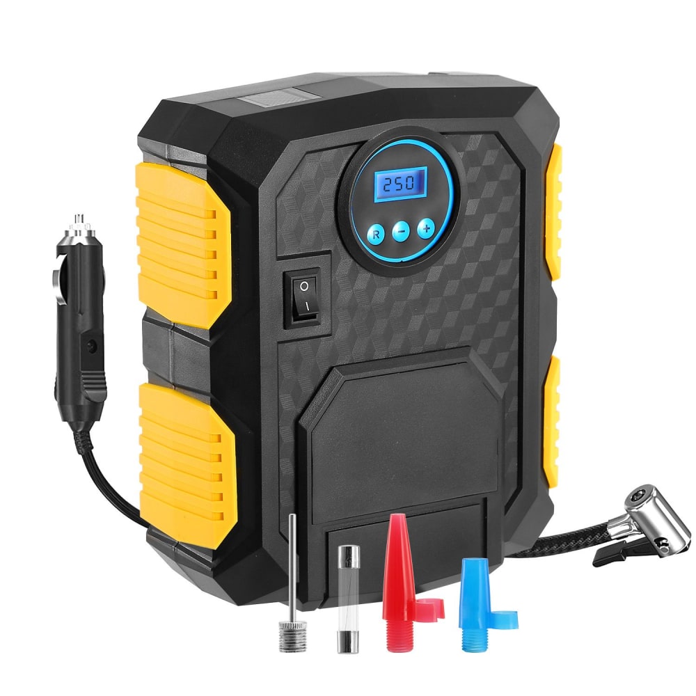 Portable air compressor with digital pressure gauge, yellow and black design, featuring multiple nozzles for various inflatables, ideal for car, bike, and sports equipment.