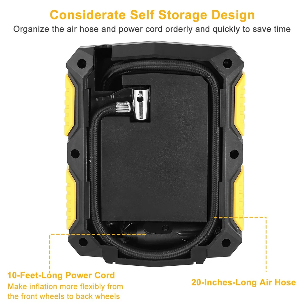 Air compressor with 10-foot power cord and 20-inch air hose in a self-storage design for easy organization and quick use.