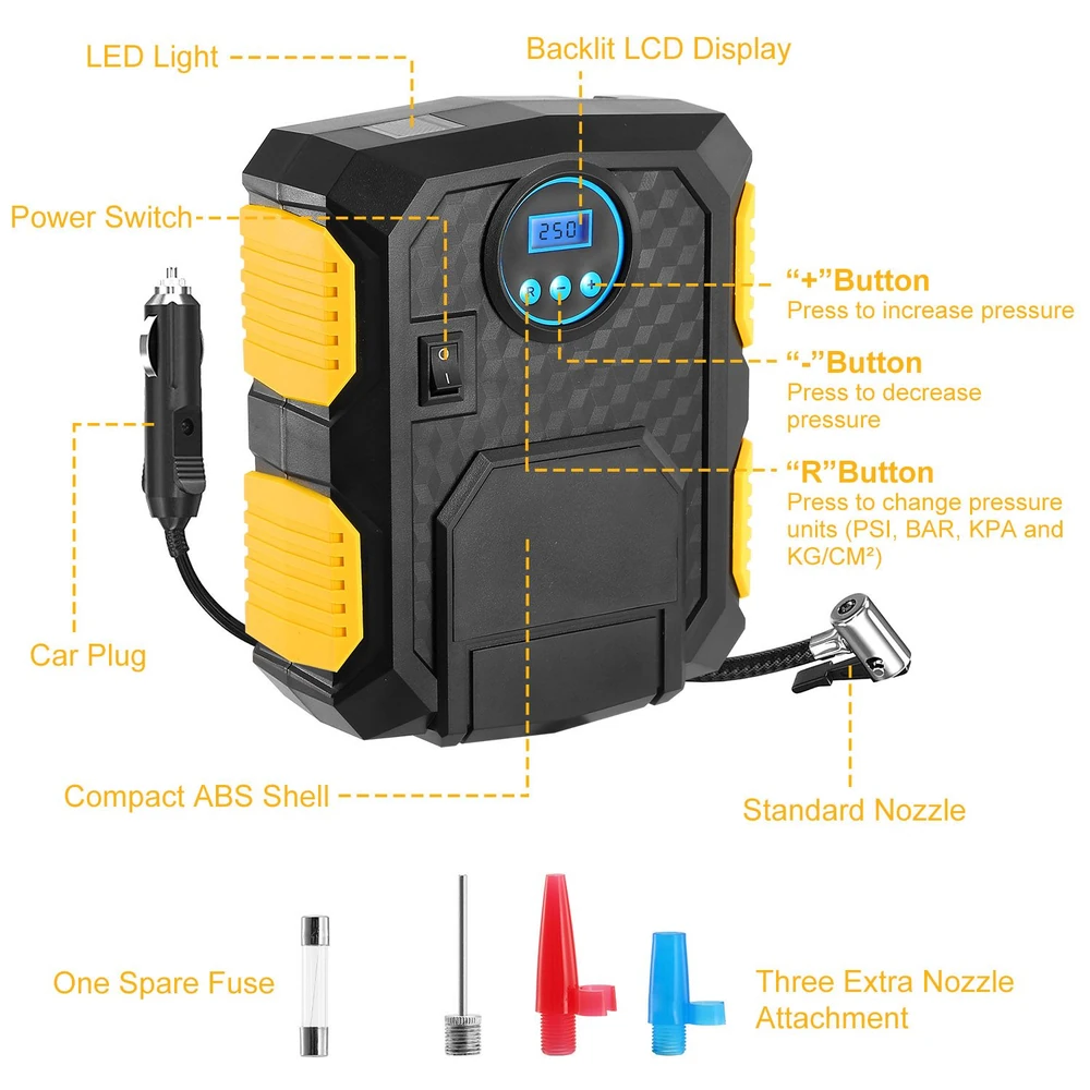 Compact digital tire inflator features a backlit LCD display, LED light, car plug, and three extra nozzle attachments for versatile use, with labeled buttons for increasing, decreasing pressure, and changing units.