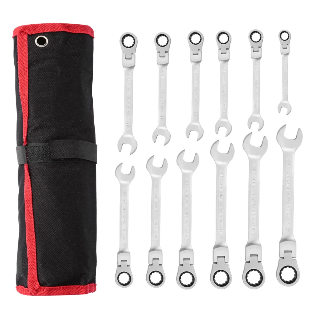 10-piece ratcheting wrench set displayed alongside a durable black and red storage roll, featuring various sizes for versatile mechanical tasks.