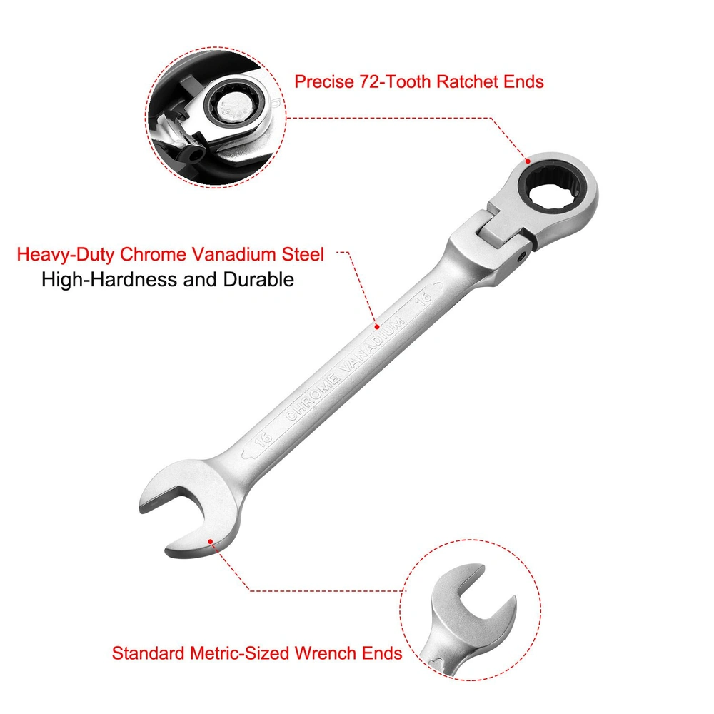 Heavy-duty chrome vanadium steel ratcheting wrench with 72-tooth precision ratchet ends and standard metric-sized wrench ends, designed for high durability and optimal performance in various mechanics tasks.
