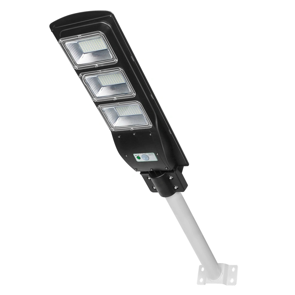 Solar-powered LED street light with three brightness-adjustable panels, mounted on a sleek white pole, providing efficient outdoor lighting.