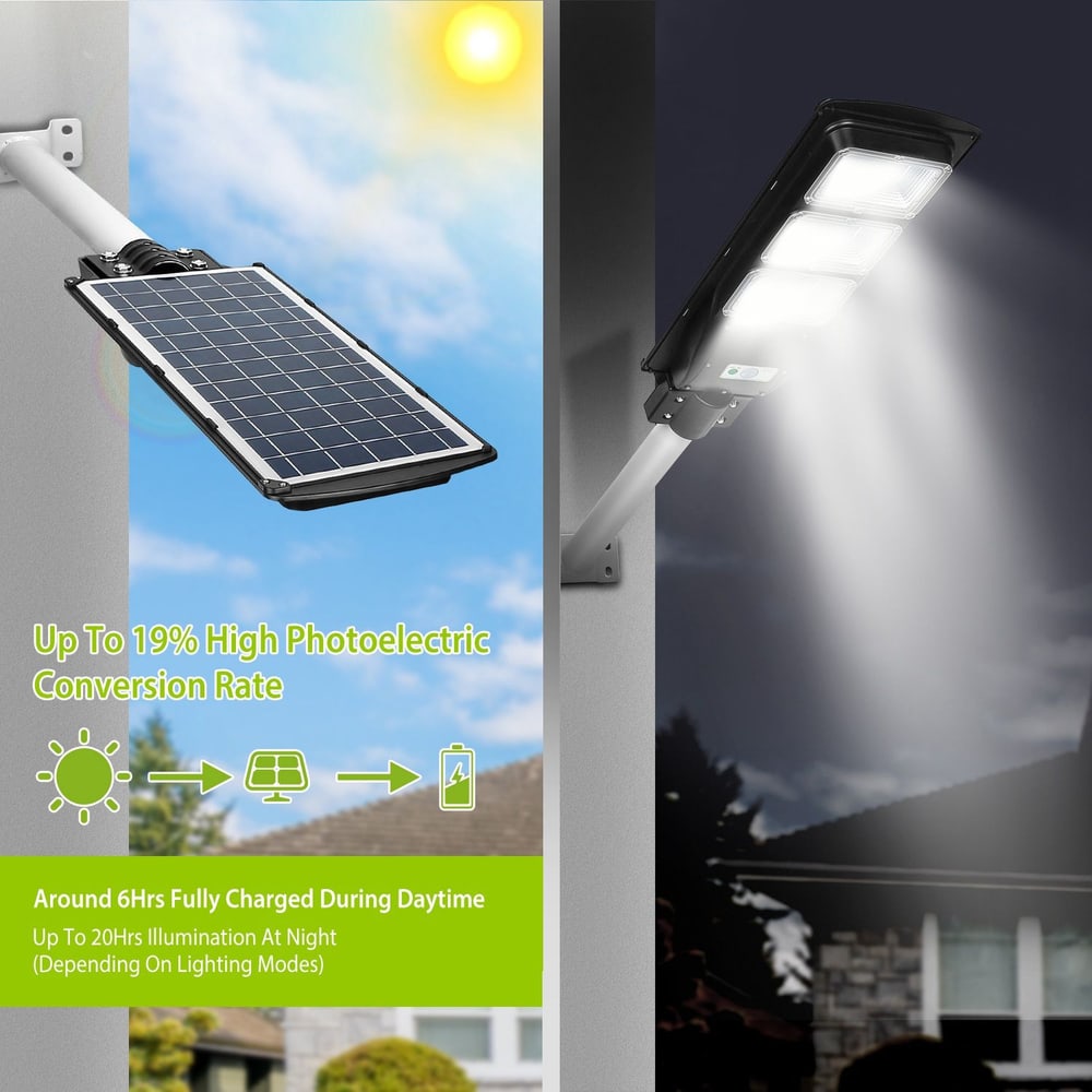 Solar-powered outdoor LED light with high photoelectric conversion, providing up to 20 hours of illumination after a 6-hour charge, mounted beside a home in daytime.