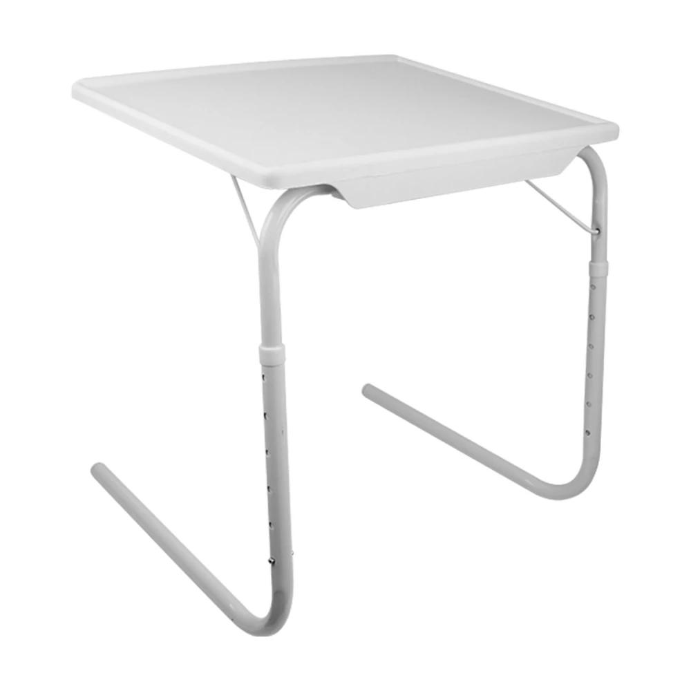 Lightweight white folding table with a square top and sturdy metal frame, ideal for indoor and outdoor use.