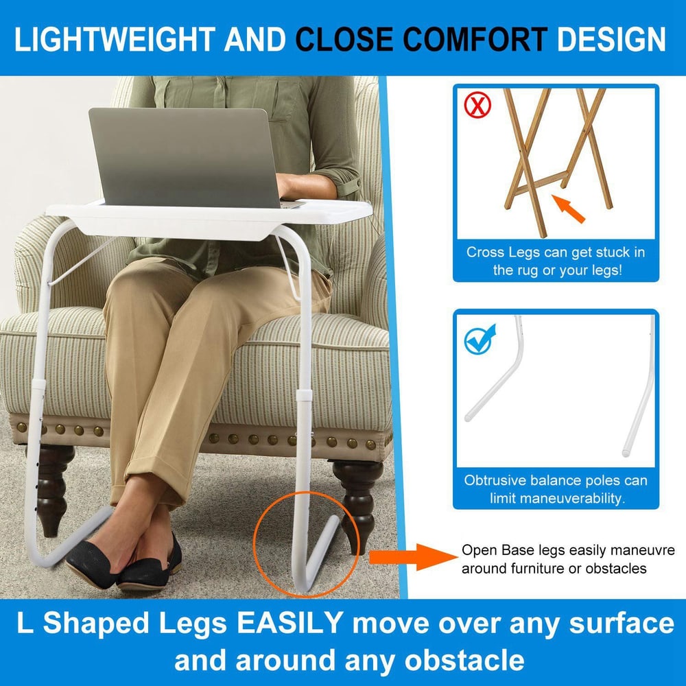 Lightweight laptop table with L-shaped legs designed to easily navigate around obstacles, shown in use by a woman sitting on a couch.