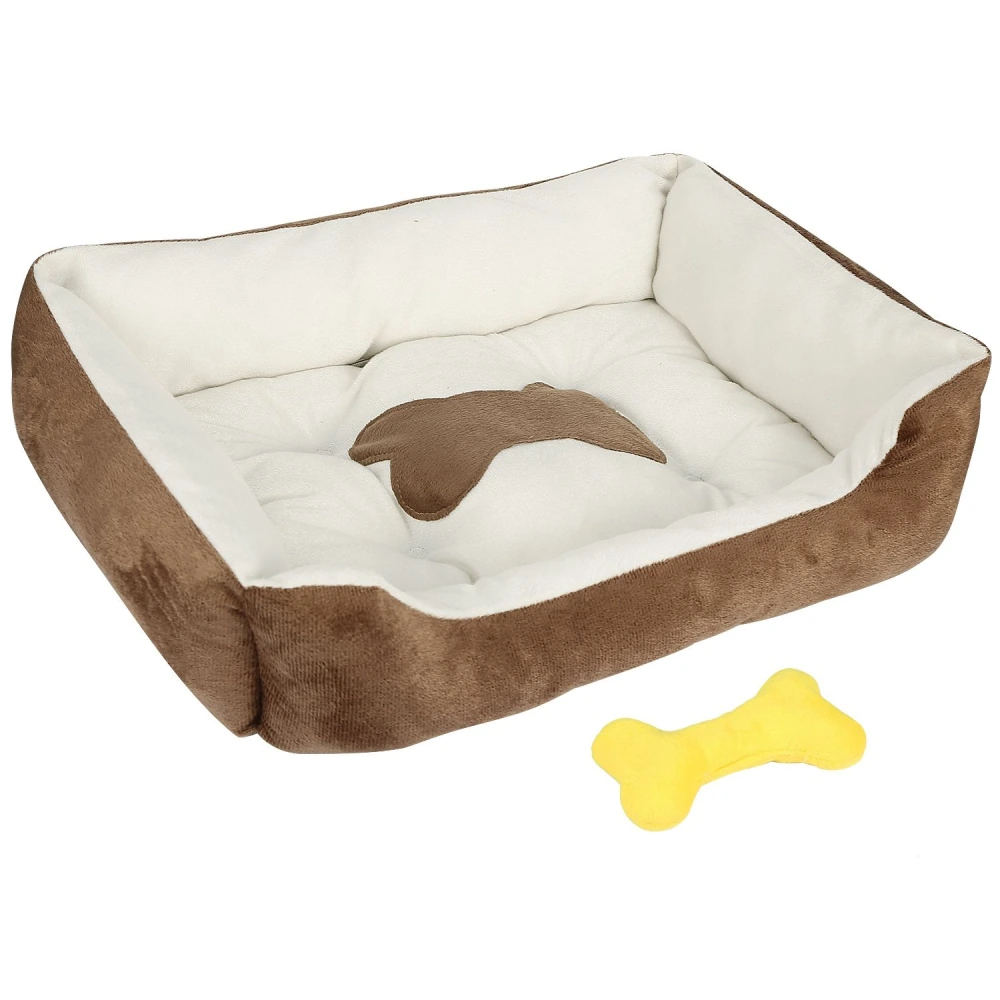 Cozy brown and white dog bed with a soft plush texture and a yellow bone-shaped toy, perfect for small to medium-sized pets.