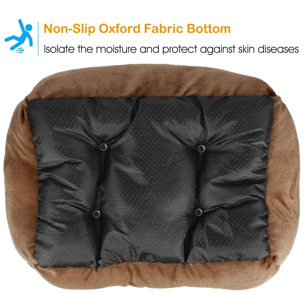 Non-slip dog bed with a water-resistant Oxford fabric bottom to prevent moisture and ensure skin health, featuring a plush, button-tufted top in brown.