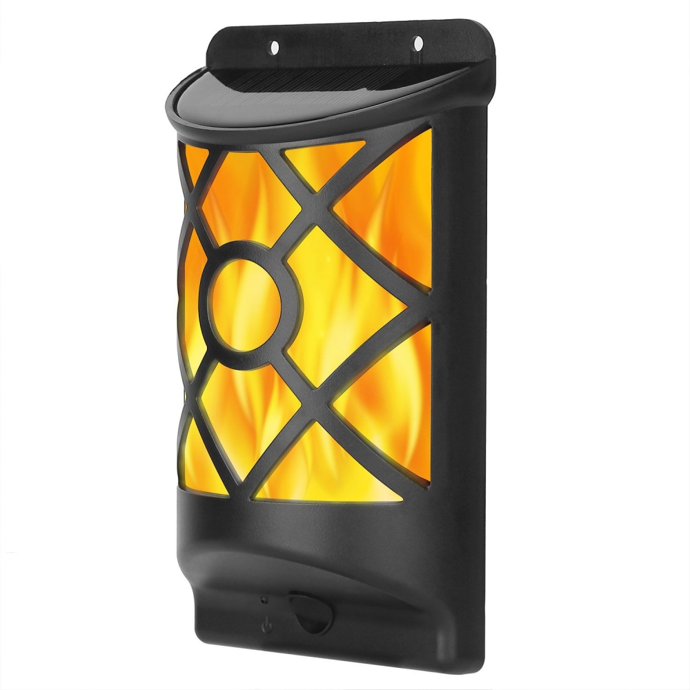 Solar-powered outdoor lantern with a flame effect, featuring a sleek black design and decorative pattern for ambient lighting.