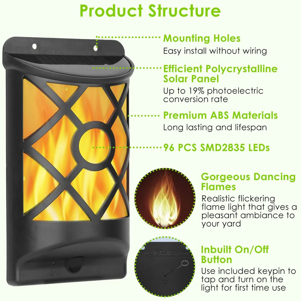 Solar-powered outdoor wall lantern with flickering flame effect, featuring an efficient polycrystalline solar panel, durable ABS materials, 96 LED lights, and an easy on/off button for ambiance lighting.