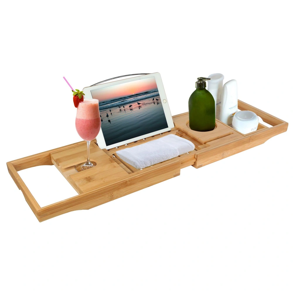 Bamboo bathtub tray with drink holder, adjustable tablet stand, and compartments for toiletries and towels, perfect for spa-like relaxation.