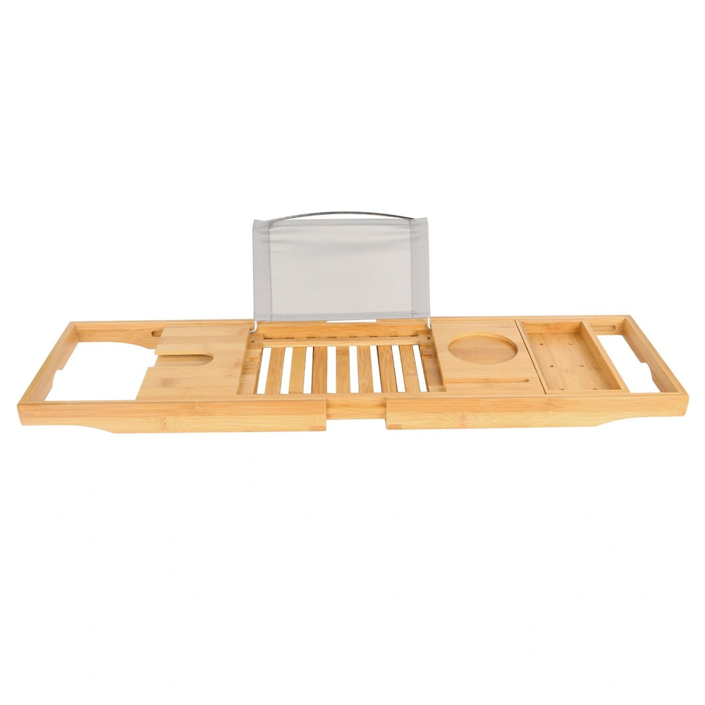 Bamboo bathtub tray with a built-in book holder, drink holder, and compartments for candles, featuring a sleek natural wood finish.