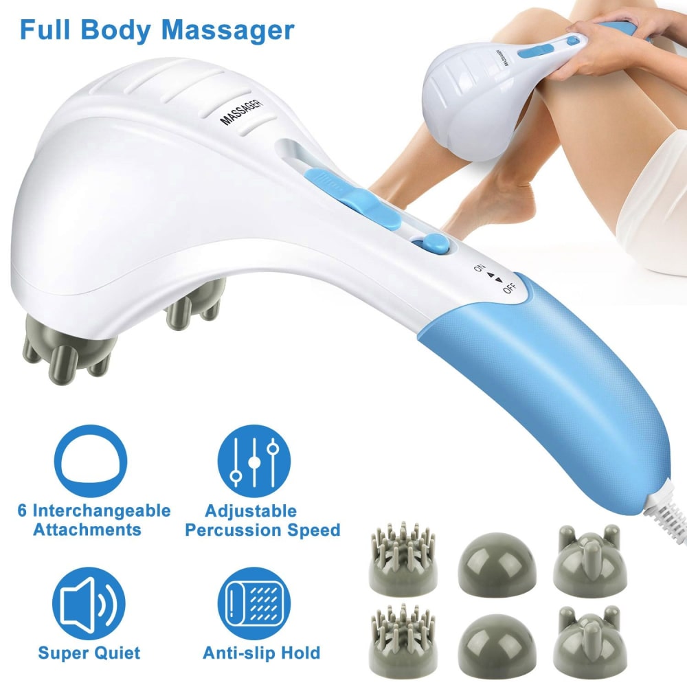 Full body massager with adjustable percussion speed, featuring six interchangeable attachments for versatile use, anti-slip grip design, and super quiet operation, ideal for relaxation and muscle relief.