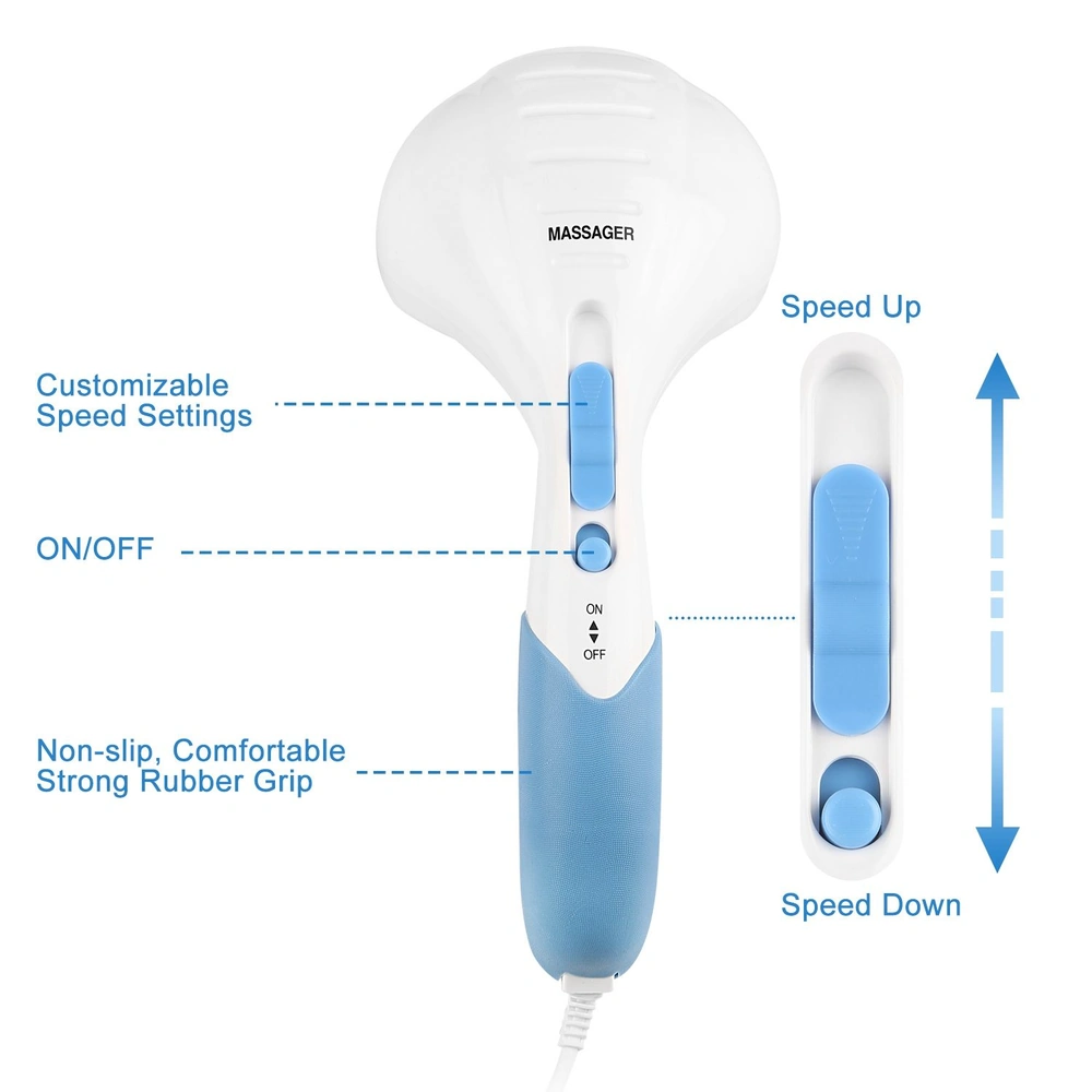 Electric massager with customizable speed settings, blue and white design, featuring user-friendly ON/OFF toggle and non-slip rubber grip for comfort.