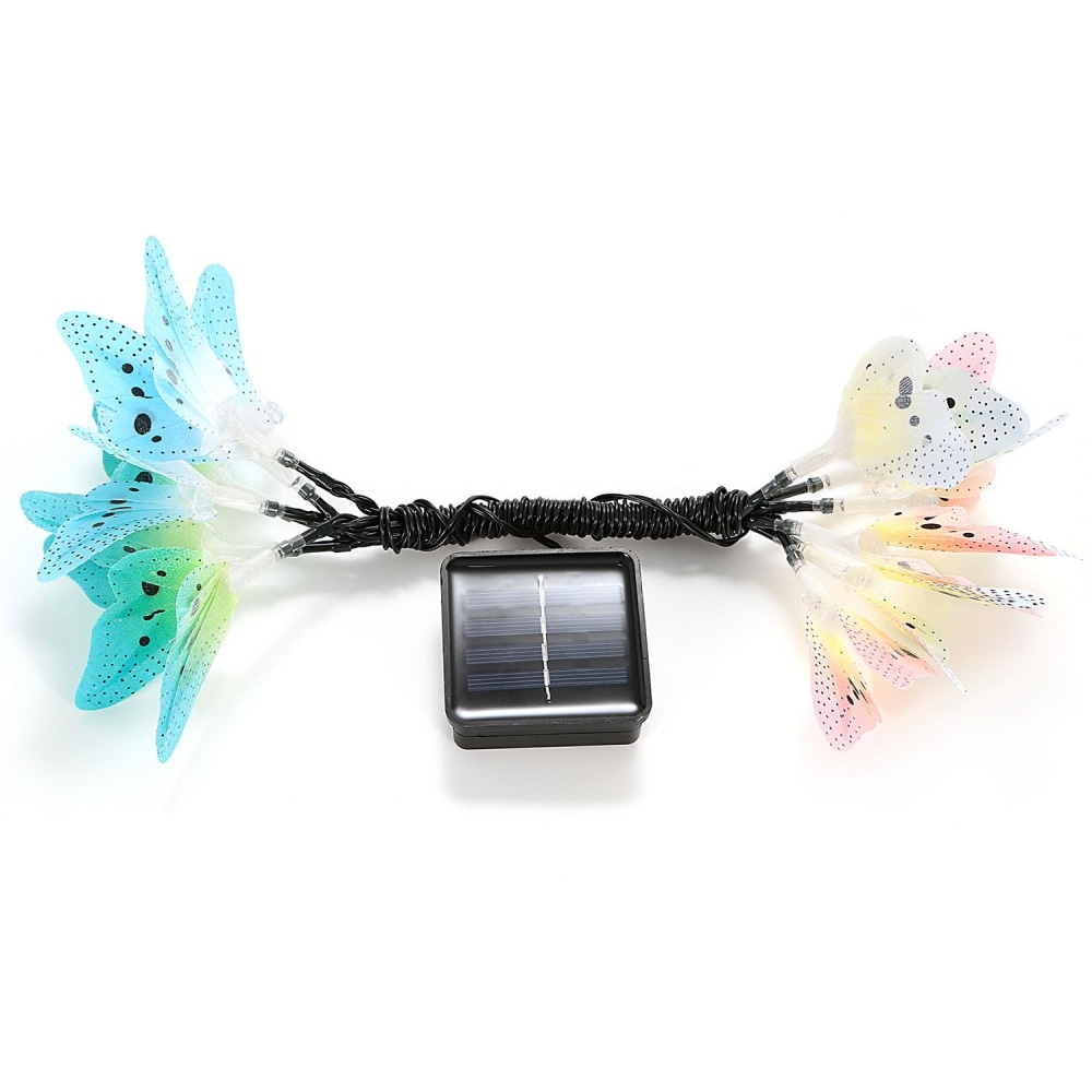 Colorful solar-powered butterfly string lights with a black wire and a small solar panel, perfect for outdoor decoration and ambiance.