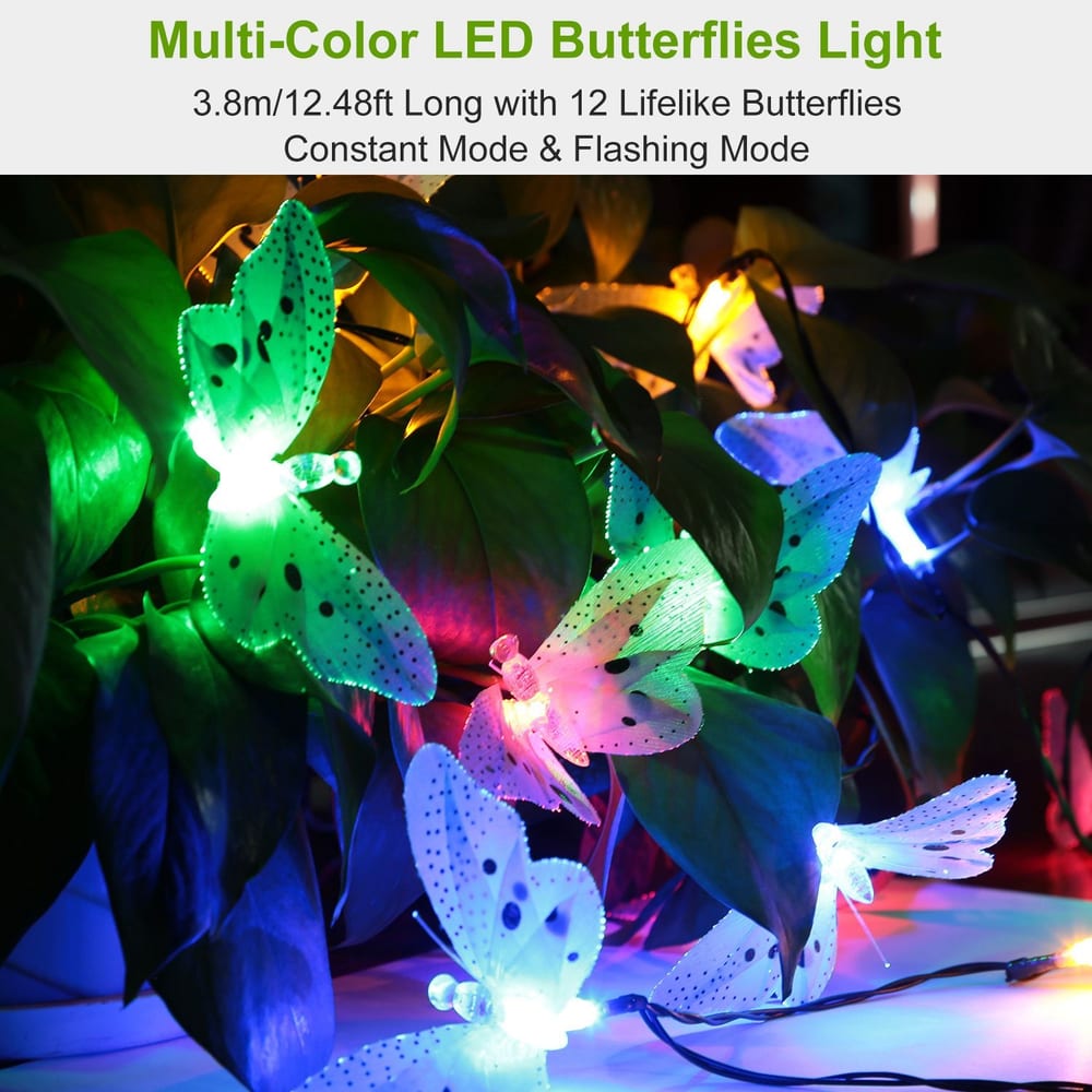 Multi-color LED butterfly lights with 12 lifelike butterflies and a length of 12.48ft, ideal for decorative lighting in various settings.