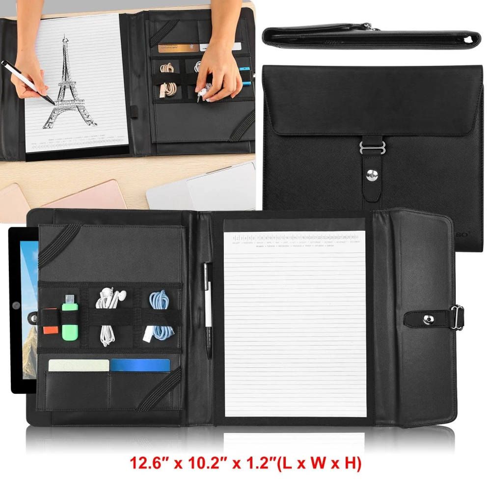 Black executive portfolio organizer with writing pad, pen, and multiple compartments for accessories, featuring a modern design ideal for professional use.