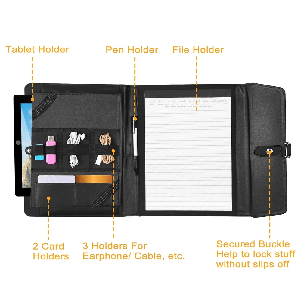 Professional black portfolio organizer featuring a tablet holder, pen holder, file holder, and multiple storage compartments for cards and cables, secured with a buckle to prevent items from slipping.