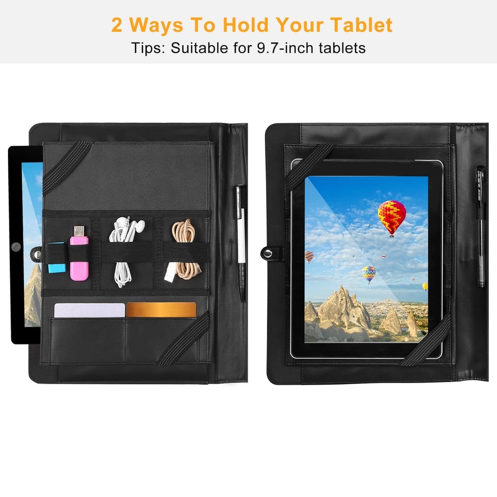 Tablet case with storage pockets for accessories, designed for 9.7-inch tablets, showing two holding positions and displaying a vibrant landscape on the screen.
