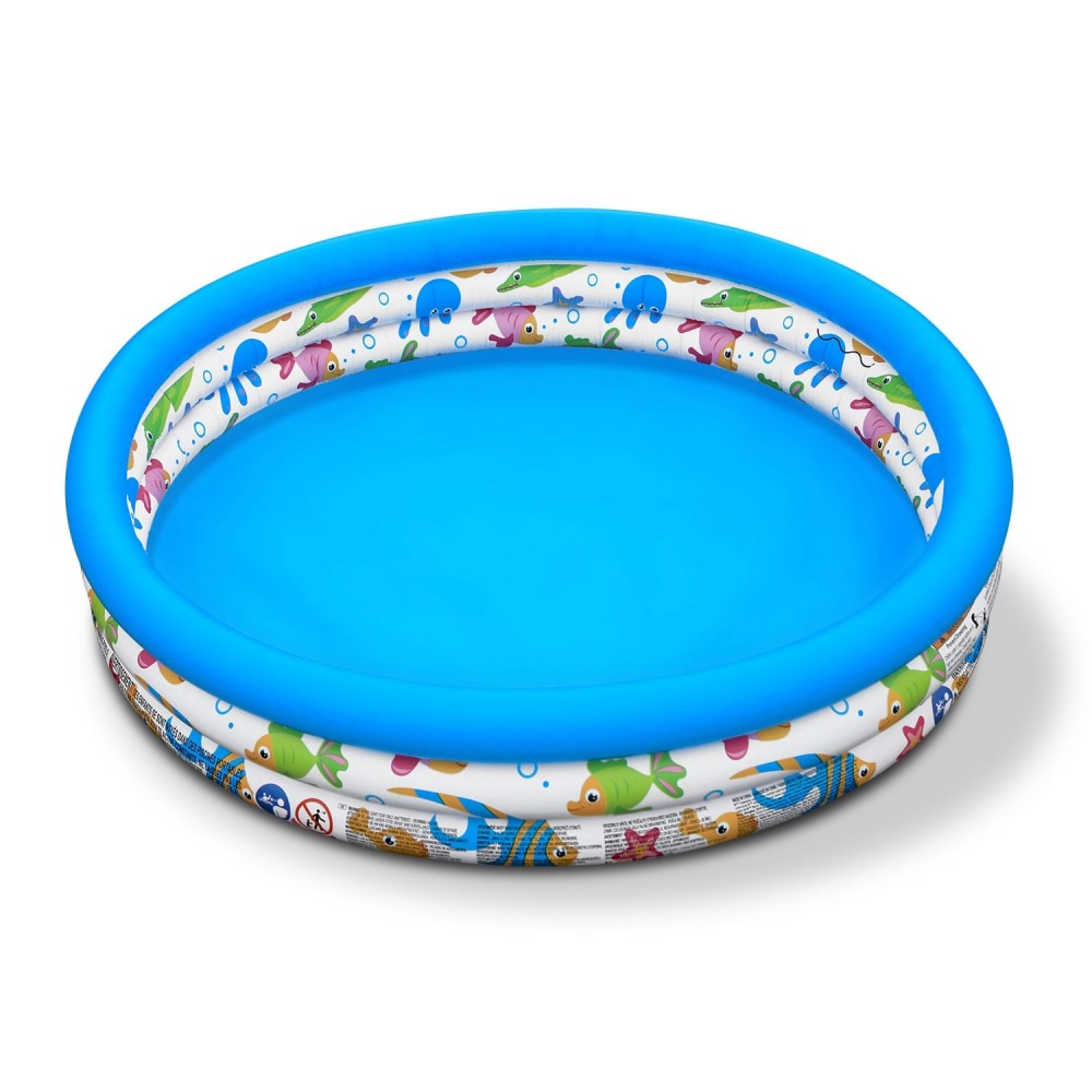 Round inflatable children's pool with colorful marine animal designs and a bright blue interior.