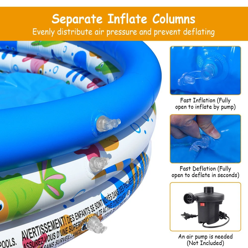 Inflatable pool with colorful fish design and separate inflate columns for even air distribution, featuring quick inflation and deflation valves.