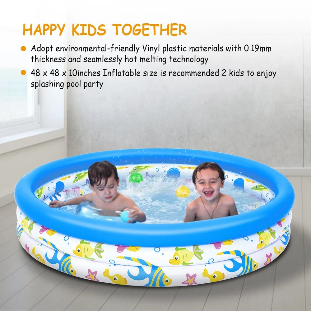 Inflatable children's pool made of eco-friendly vinyl with colorful fish designs, suitable for two kids to enjoy splashing in 48 x 48 x 10 inches of water.