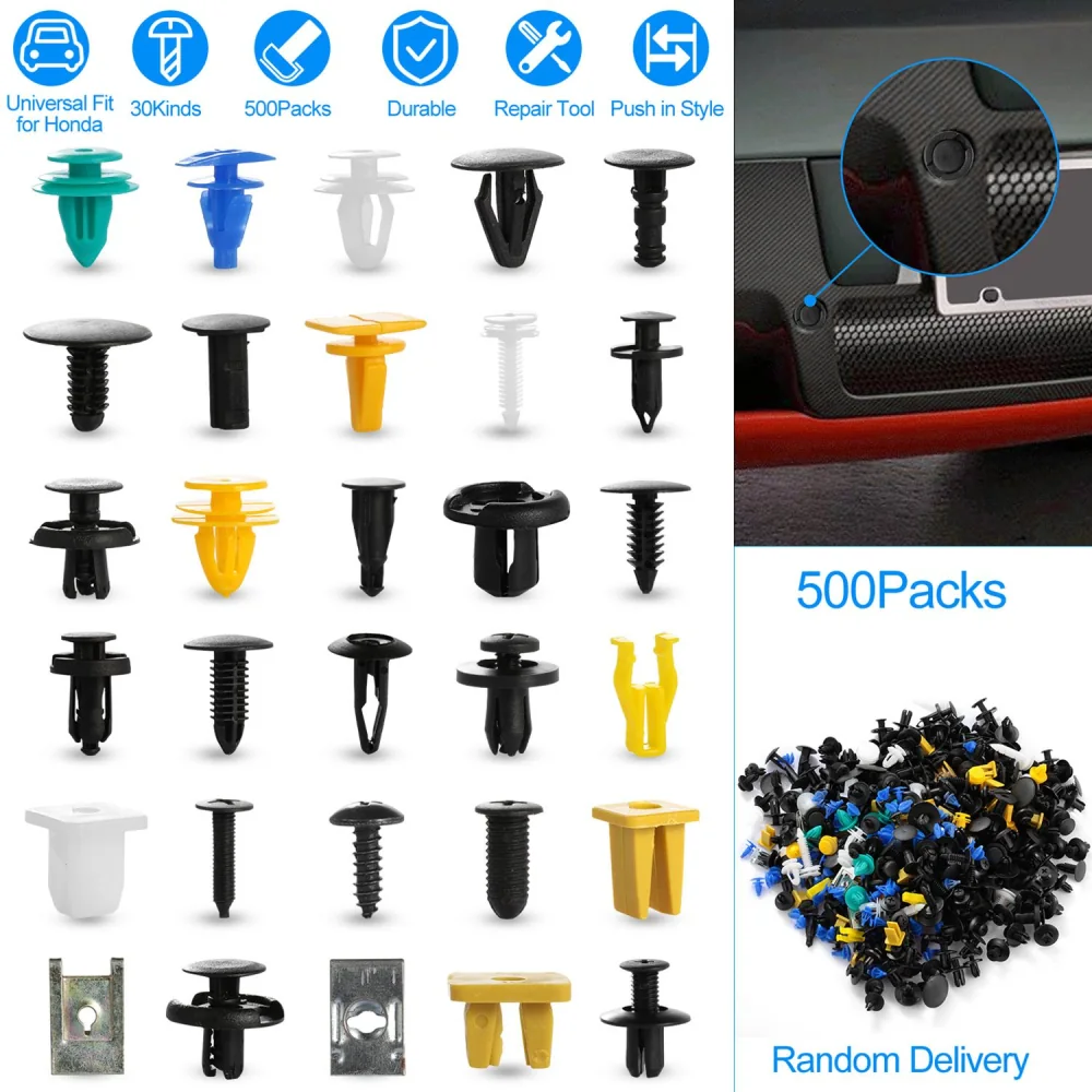 Assorted car trim clips and fasteners in various colors and styles for Honda, featuring 30 types, 500 packs, and a repair tool for easy installation.