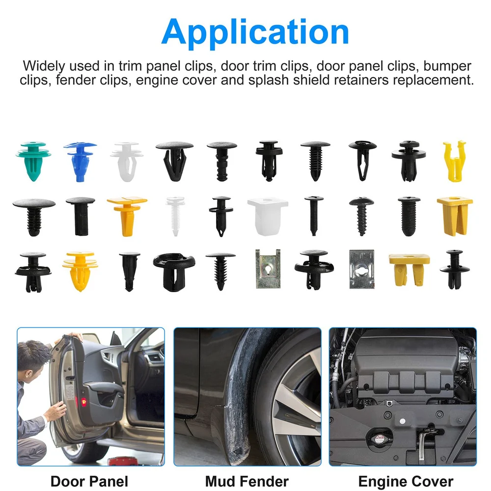 Assorted automotive clips for trim panels, fenders, and engine covers, showcasing their various uses in car repair and maintenance.