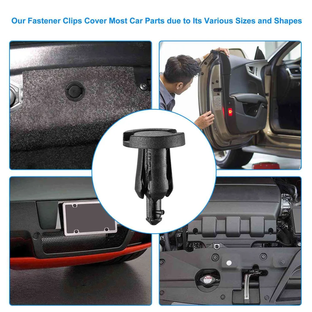 Fastener clips for car parts showcasing various sizes and shapes, including installation examples on a vehicle door, dashboard, and bumper area, highlighting their versatility and functionality.