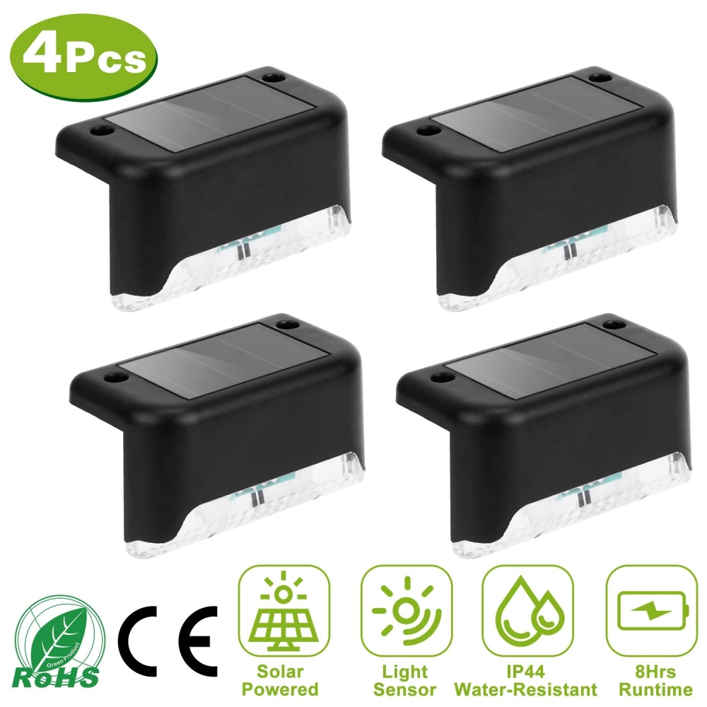 Four solar-powered outdoor lights with a light sensor, IP44 water-resistant rating, and 8 hours of runtime, ideal for garden or pathway illumination.