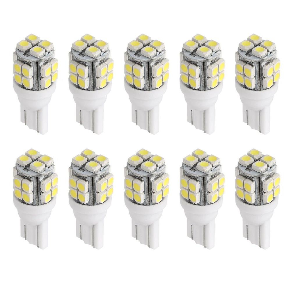 T10 LED light bulb set featuring 12 durable, energy-efficient, high-brightness bulbs suitable for automotive and home use.