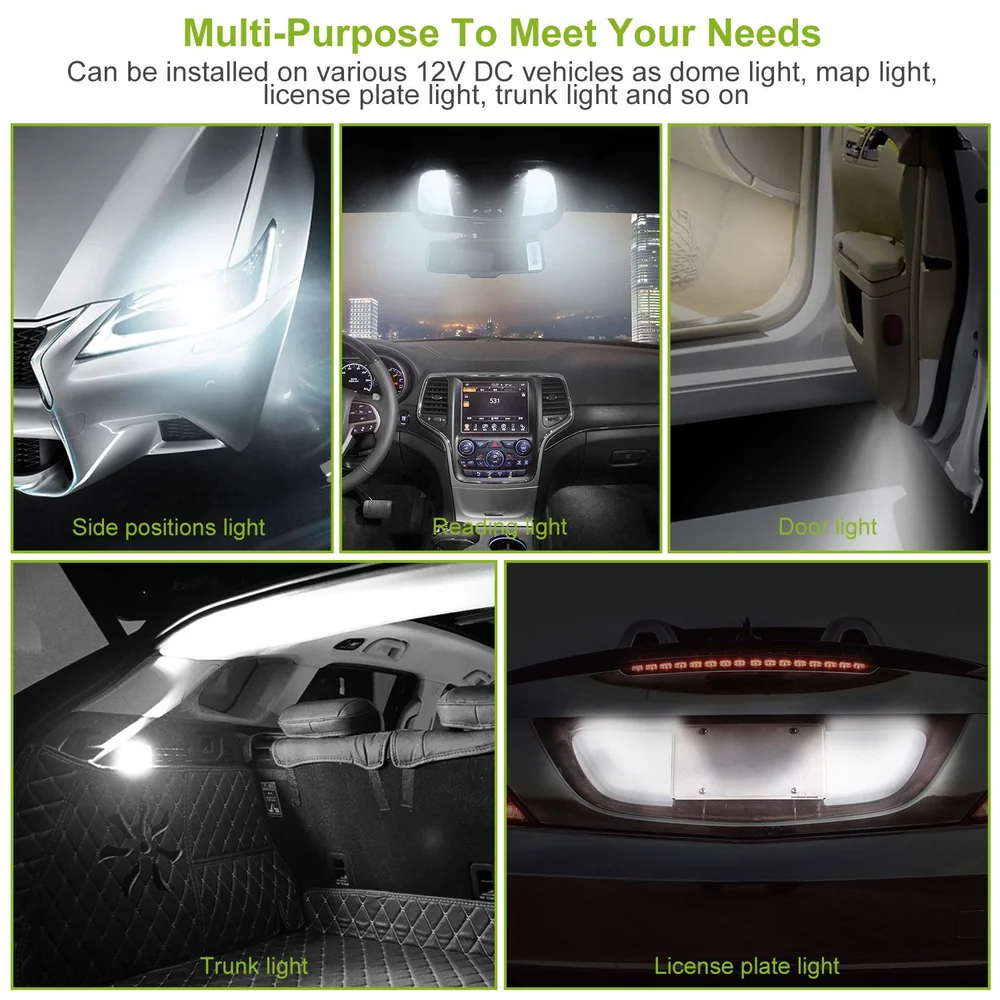 Image showing various LED automotive lights including side positions light, reading light, door light, trunk light, and license plate light, suitable for 12V DC vehicles.
