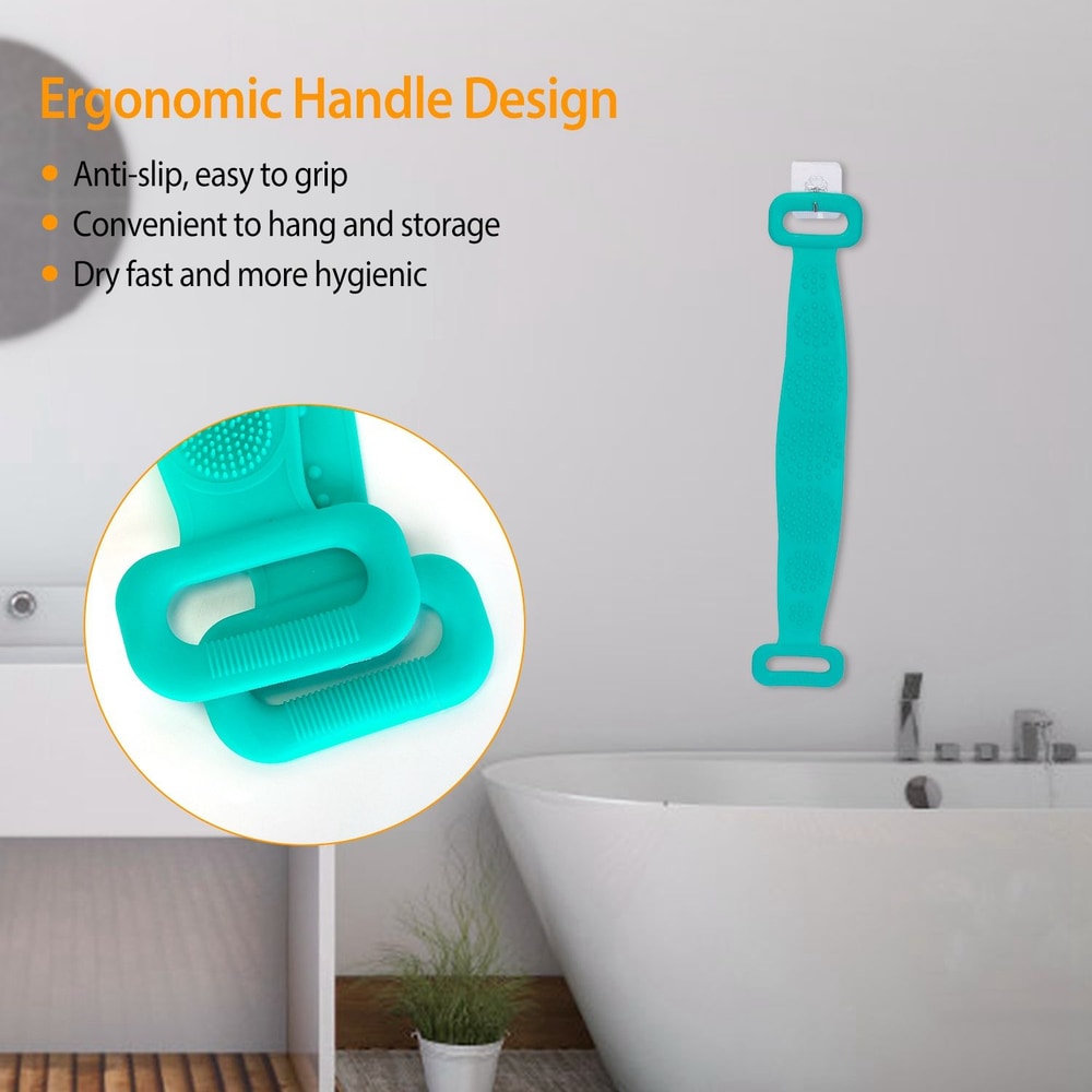 Ergonomic anti-slip silicone handle design in vibrant teal, ideal for easy gripping, convenient for hanging storage, and quick drying for improved hygiene in the bathroom.