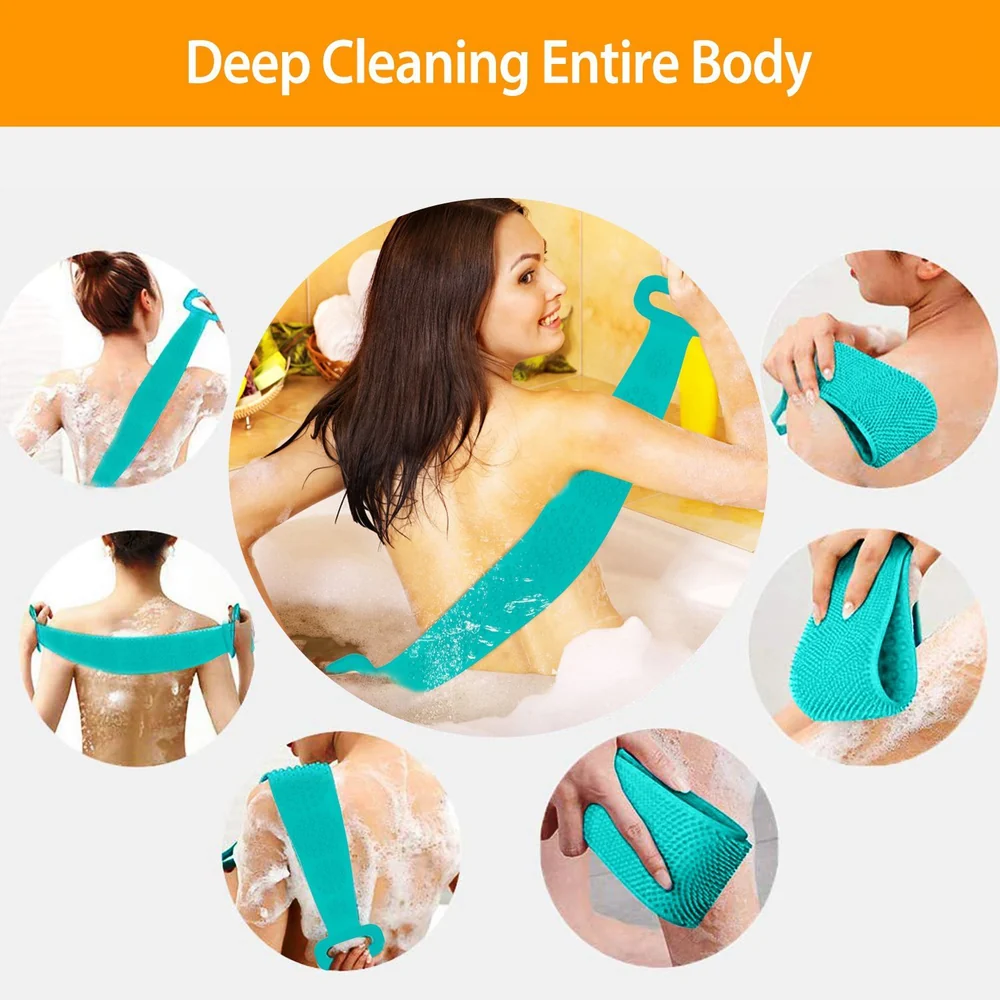 Aqua silicone body scrubber for deep cleaning, shown in multiple uses on a person’s back and arms while bathing, with a focus on ergonomics and ease of use.