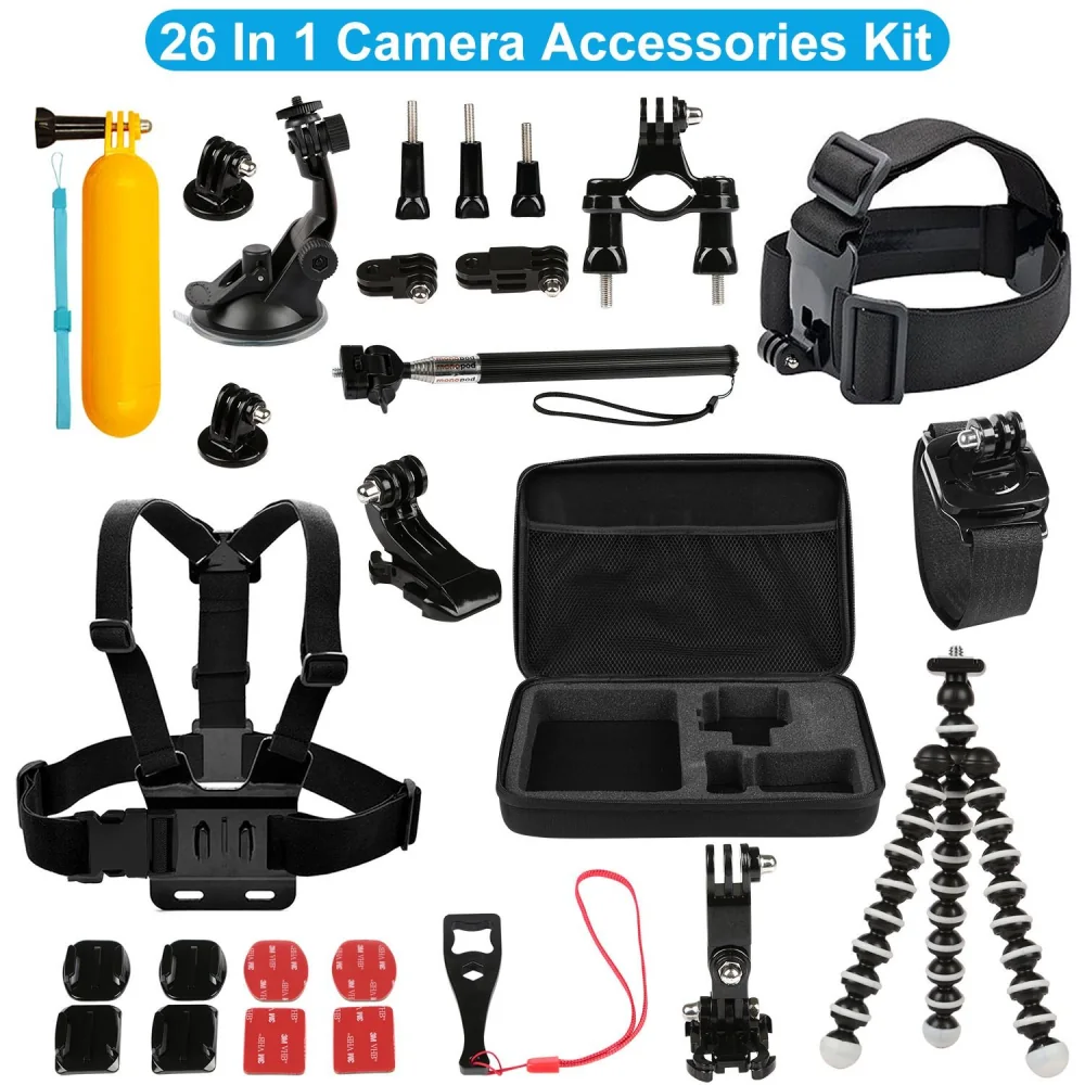 26-in-1 camera accessories kit featuring a variety of mounts, straps, a tripod, and a storage case for versatile photography and videography needs.