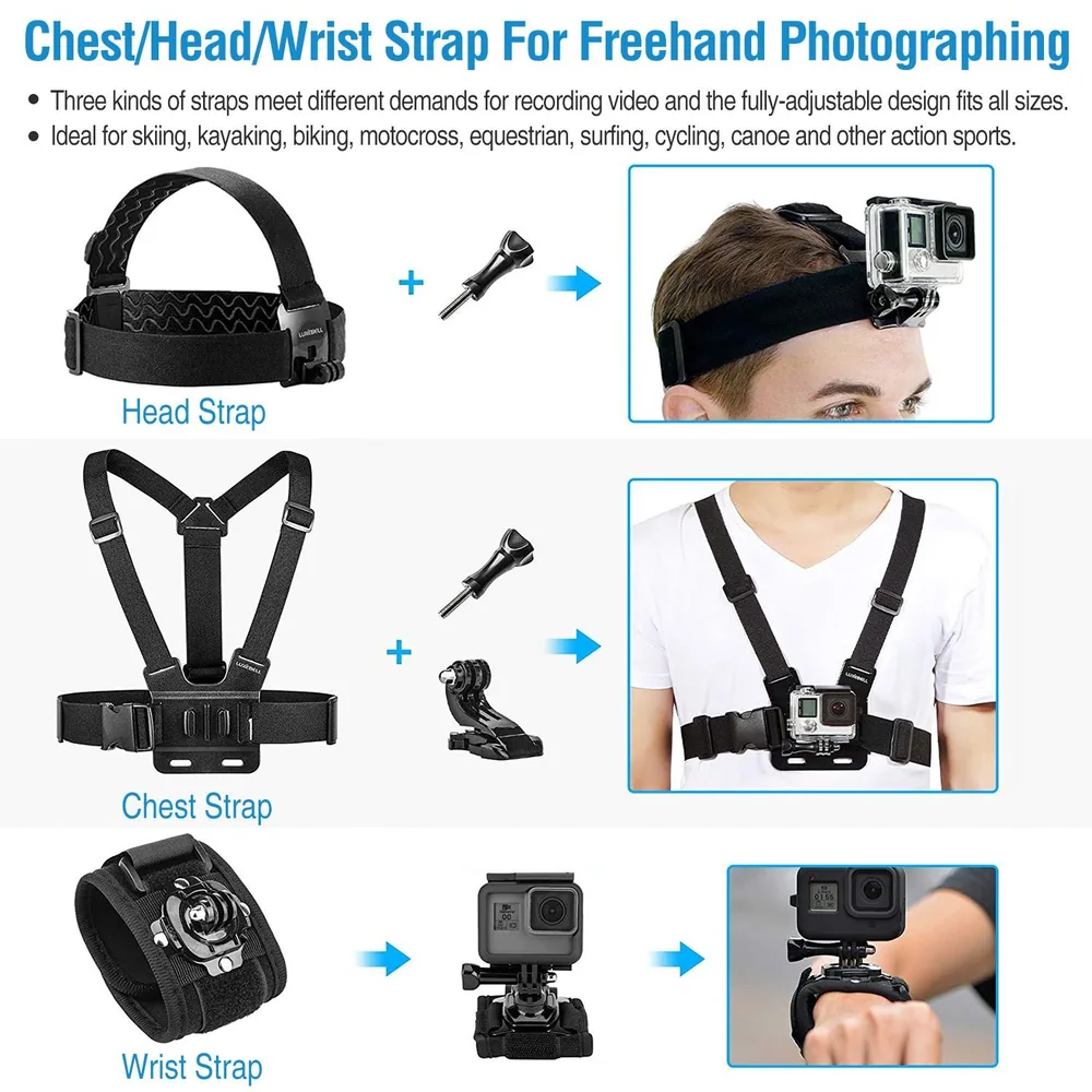 Adjustable chest, head, and wrist strap for action cameras, ideal for skiing, biking, surfing, and other sports, featuring multiple attachment options for versatile use.