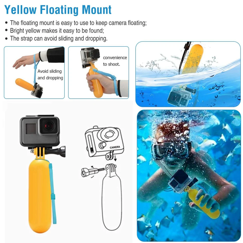 Yellow floating mount for action cameras, featuring a secure grip, wrist strap to prevent drops, and buoyant design for easy visibility in water, perfect for underwater photography and adventure sports.