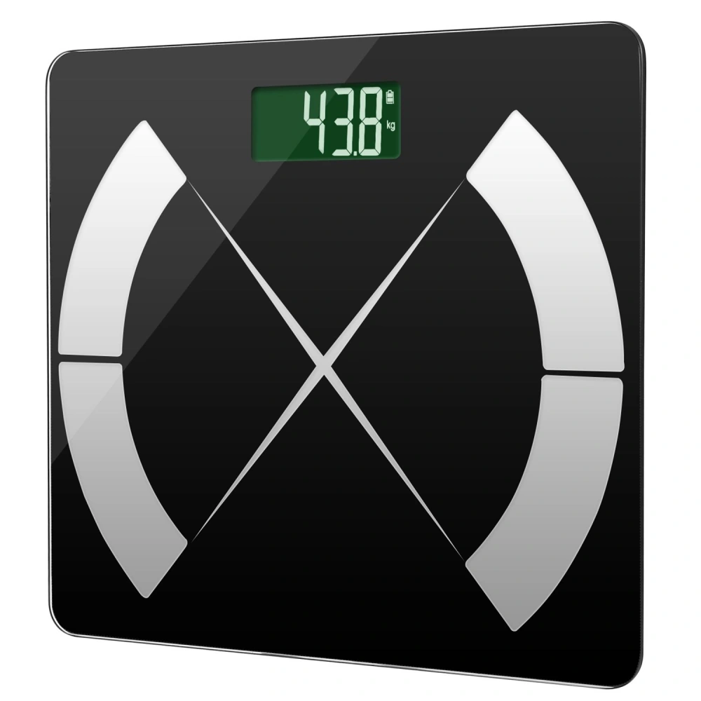 Digital bathroom scale displaying weight in kilograms with a sleek black design and an easy-to-read green LCD screen.