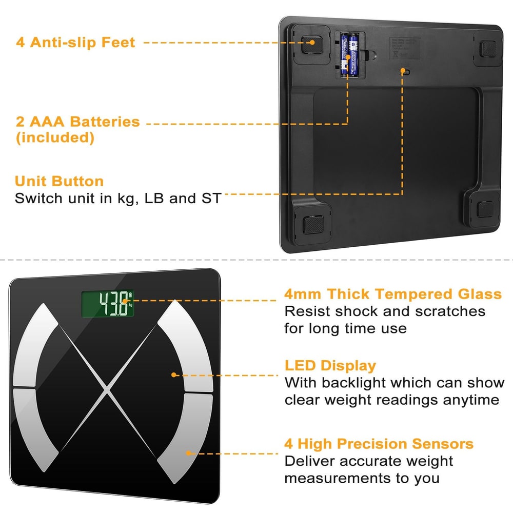Digital bathroom scale with LED display, anti-slip feet, and tempered glass construction, showcasing features like unit conversion and high precision sensors for accurate weight measurement.