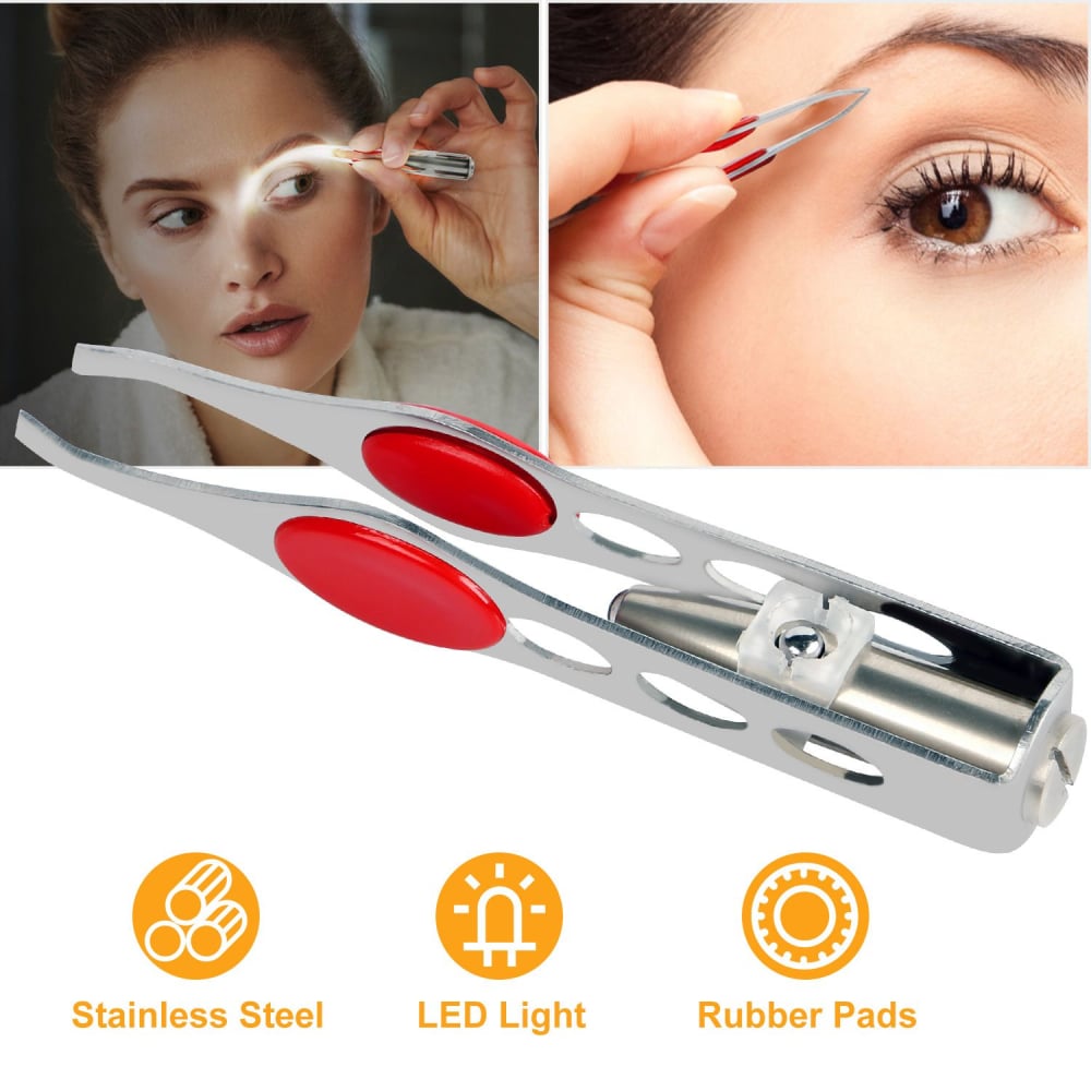 Stainless steel tweezers with LED light and rubber pads, ideal for precision grooming and highlighting details during eyebrow shaping.