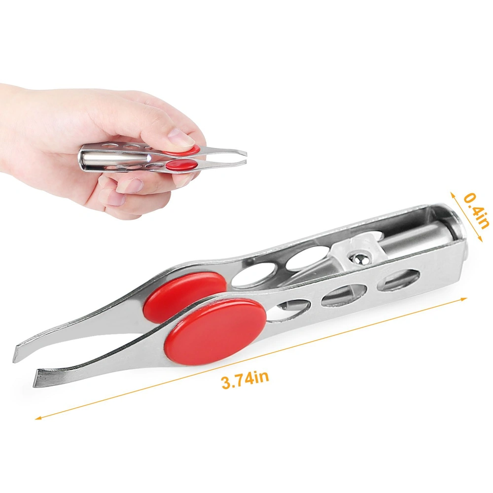 Hand holding a stainless steel kitchen tongs with red silicone grips, measuring 3.74 inches in length and 0.4 inches in width, ideal for easy serving and cooking.