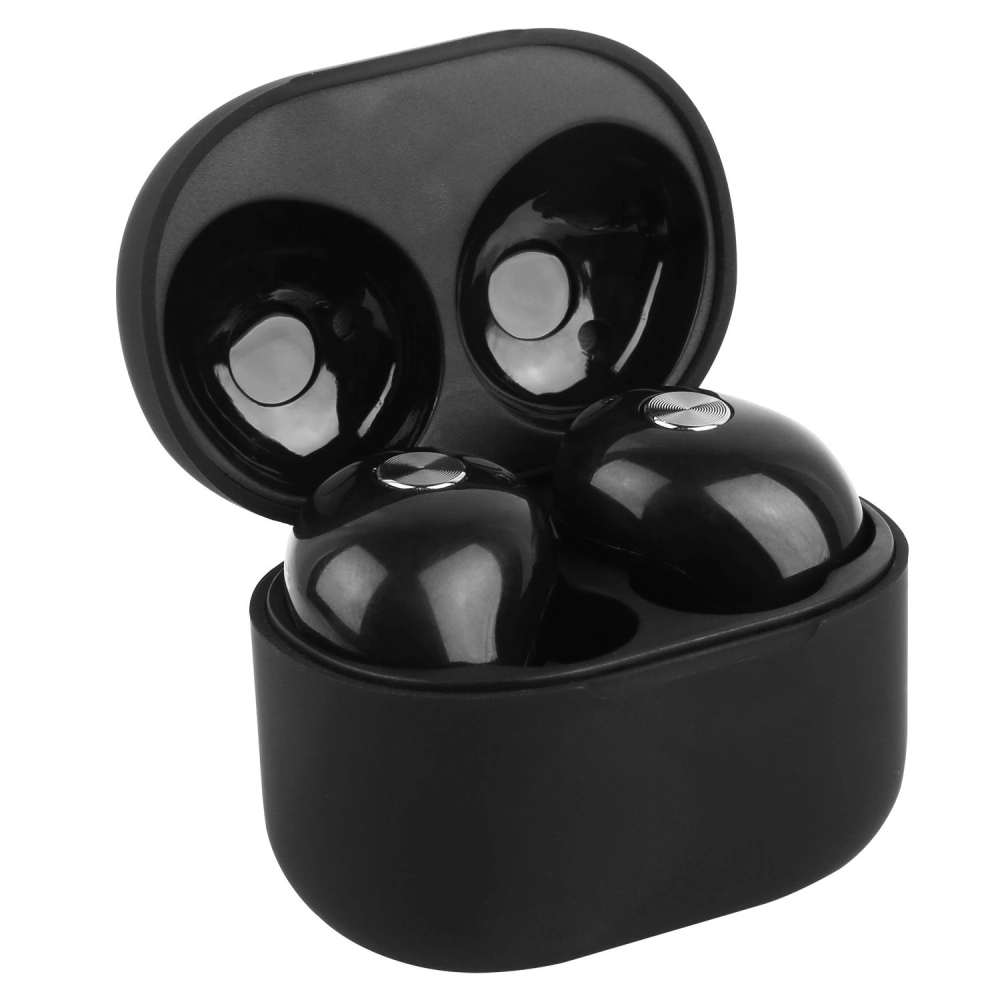 Glossy black wireless earbuds displayed in their compact charging case, with the lid open to reveal two earbuds.