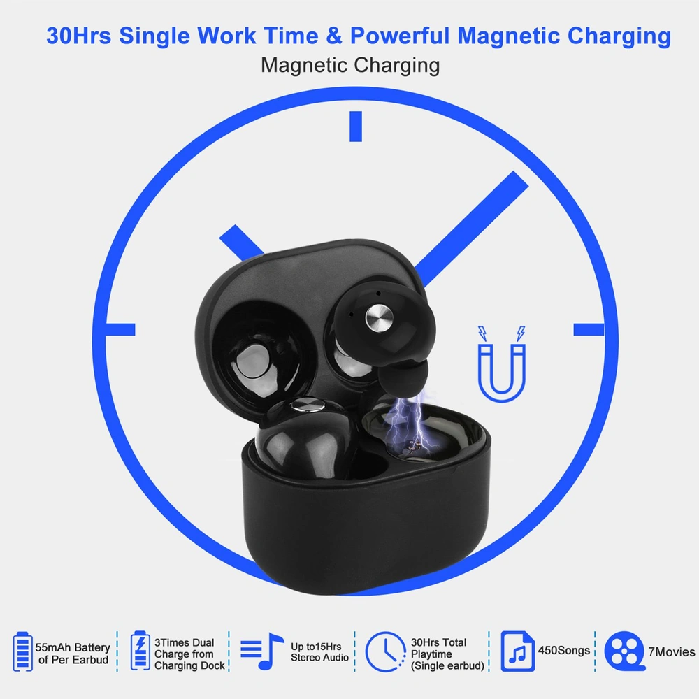 Wireless earbuds in black case highlighting magnetic charging capability and 30 hours total playtime with 55mAh battery per earbud.