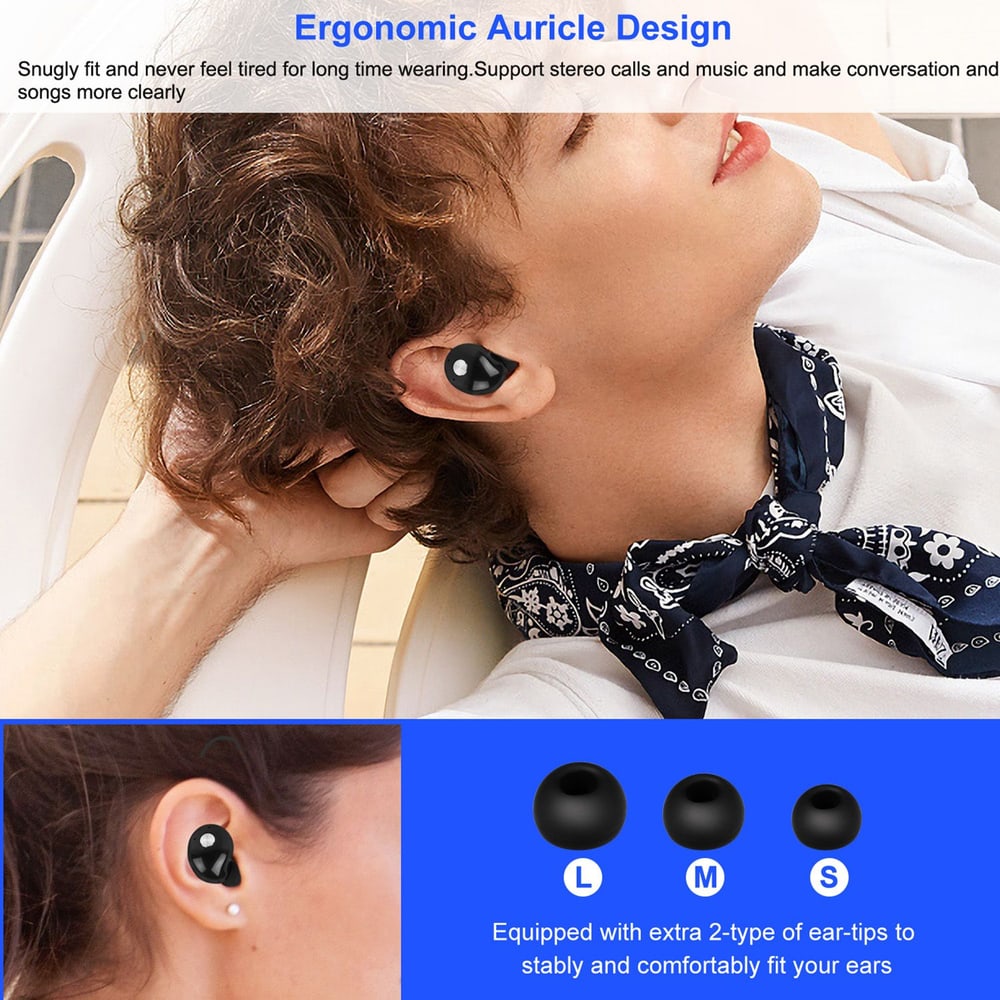 Wireless earbuds with ergonomic auricle design, featuring multiple ear tips for a snug and comfortable fit, displayed alongside a person relaxing outdoors.