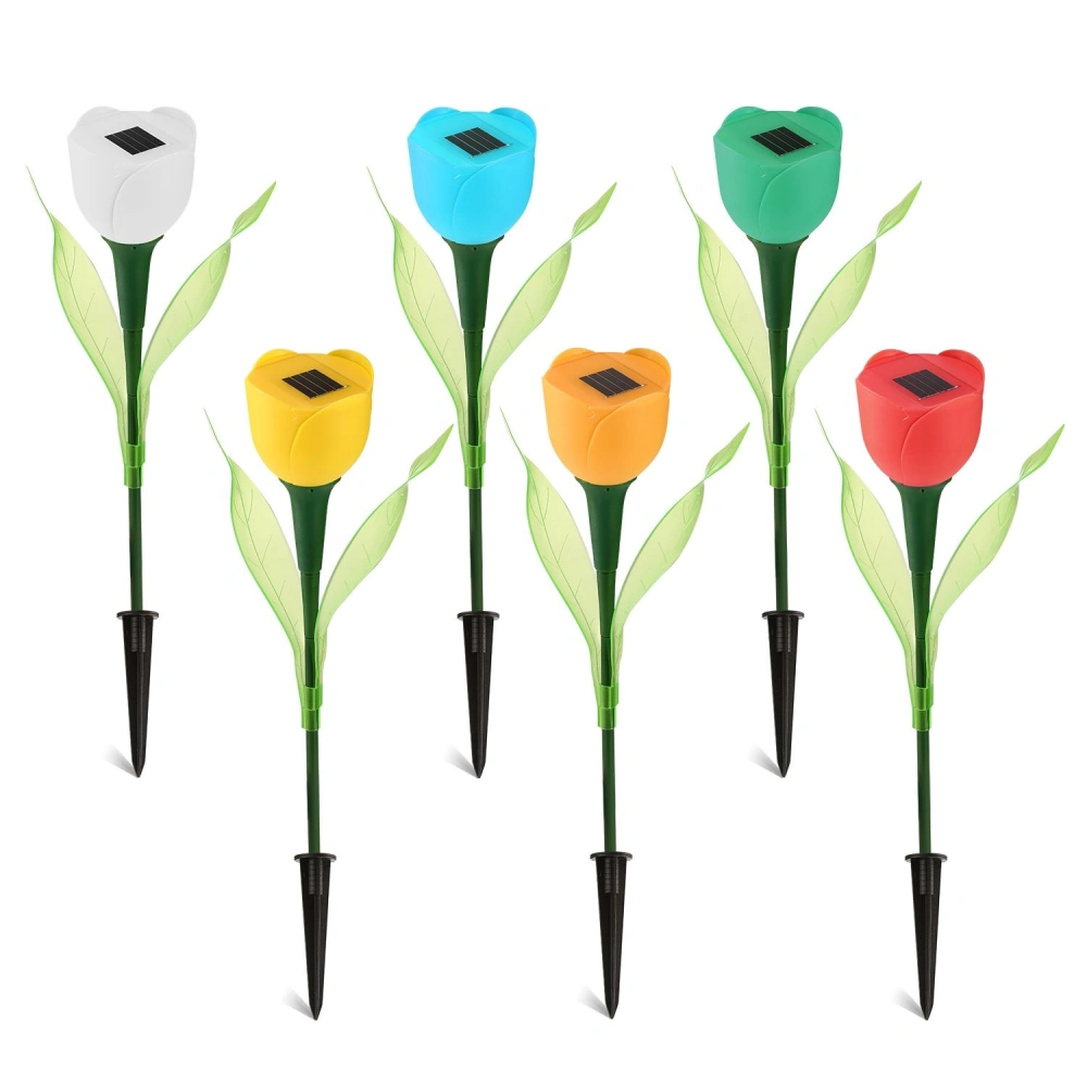 Colorful solar-powered garden flowers in red, yellow, green, blue, white, and orange, featuring green leaves and black stakes for easy installation.