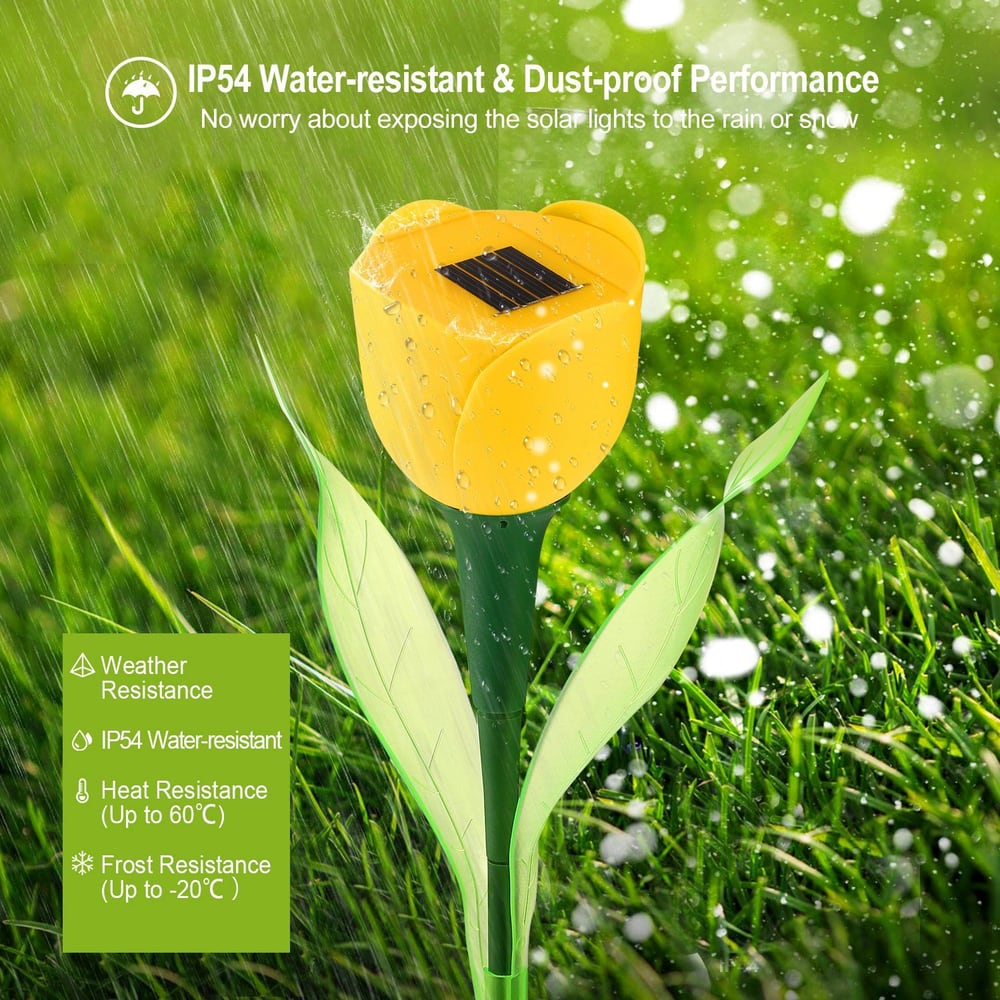 Yellow solar-powered flower light demonstrating IP54 waterproof and dustproof features in a rain-soaked garden setting.