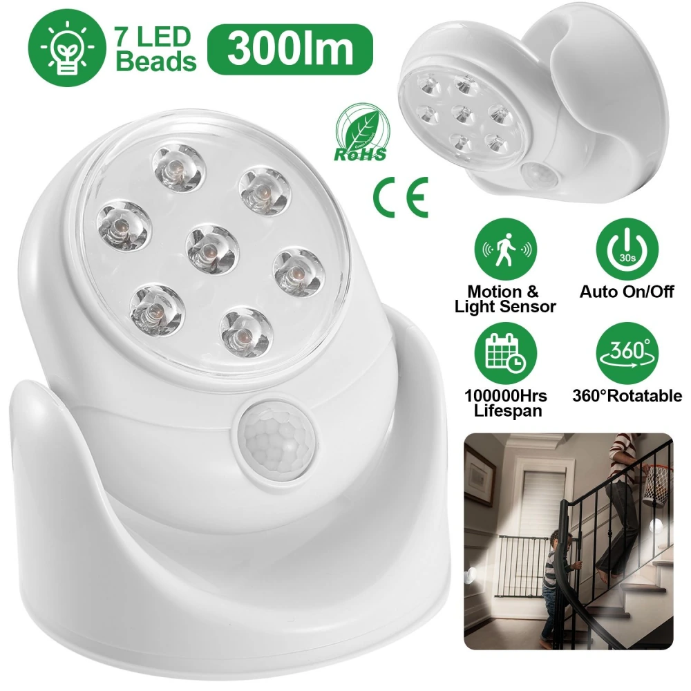 LED motion sensor light with 7 bright LEDs, 300 lumens, 360° rotation, and a lifespan of 100,000 hours, ideal for indoor and outdoor use.