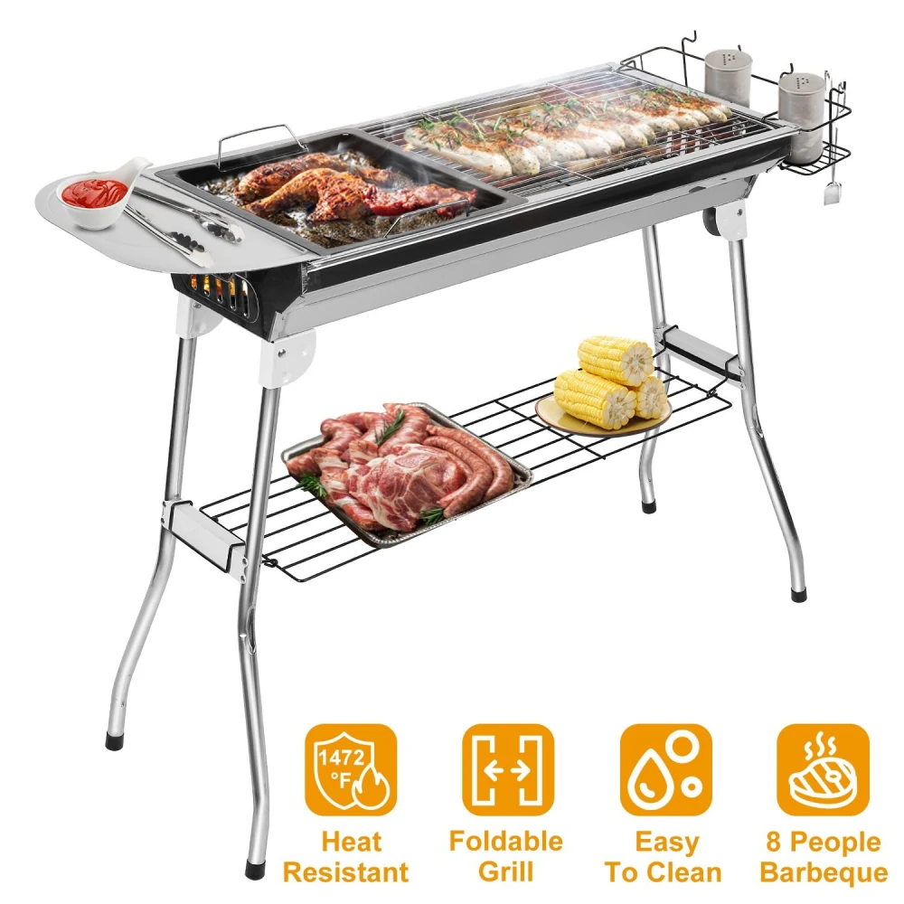 Stainless steel barbeque grill with a foldable design, featuring grilled meats and corn on a lower shelf, ideal for cooking for up to 8 people, emphasizing easy cleaning and heat resistance.