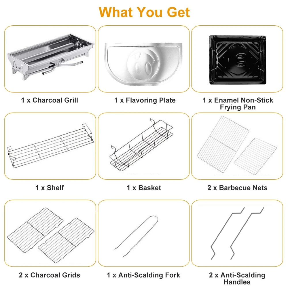 Product image showing a complete charcoal grill accessory set, including a charcoal grill, flavoring plate, enamel non-stick frying pan, shelf, basket, charcoal grids, barbecue nets, anti-scalding fork, and handles, all arranged with labels for clarity.