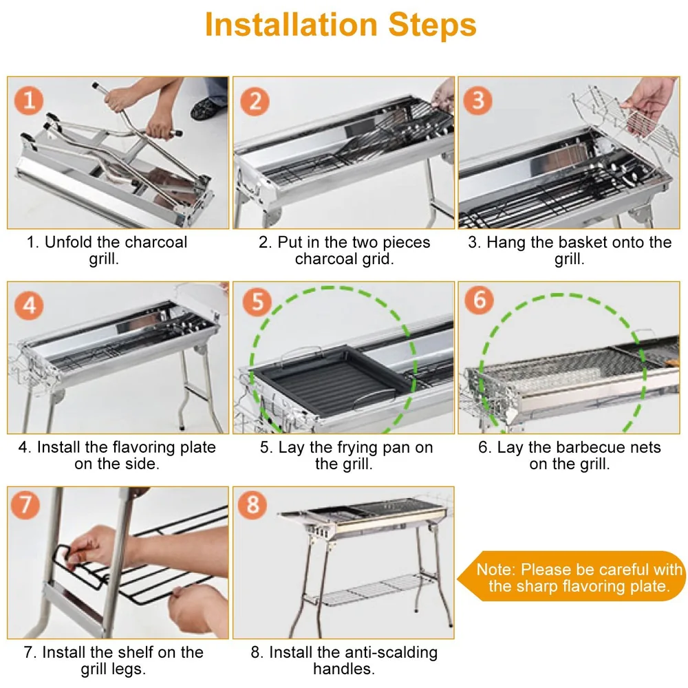 Step-by-step installation guide for a portable charcoal grill, showcasing each assembly stage with numbered images outlining instructions for setting up the grill, including parts like charcoal grid, frying pan, and anti-scalding handles.