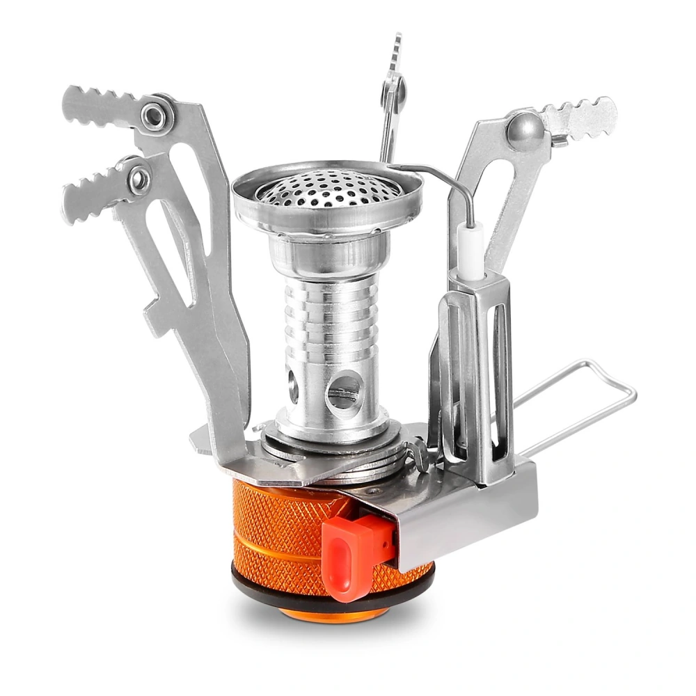 Compact portable camping stove with stainless steel body, adjustable flame control, and orange fuel canister, ideal for outdoor cooking and backpacking.